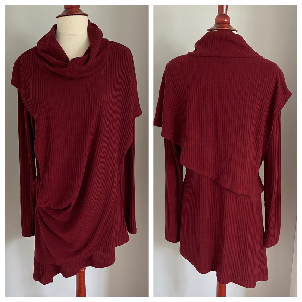 Asymmetrical 2-layer Cowl Neck Tunic in Red M